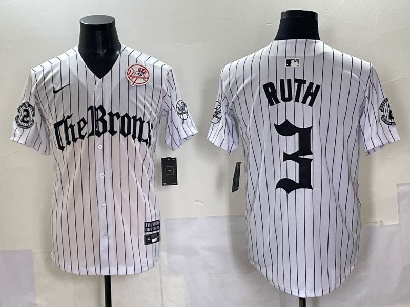 Men 2025 New York Yankees 3 Ruth White Stripe Five generations Joint Name Nike MLB Jersey style 07
